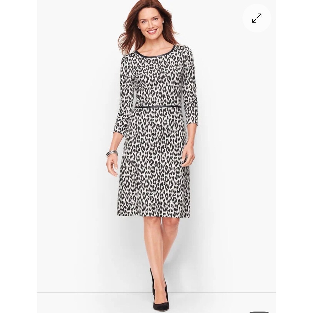 Talbots Women's Black White Leopard Print Sheath Dress Faux Leather Trim 12 NWT